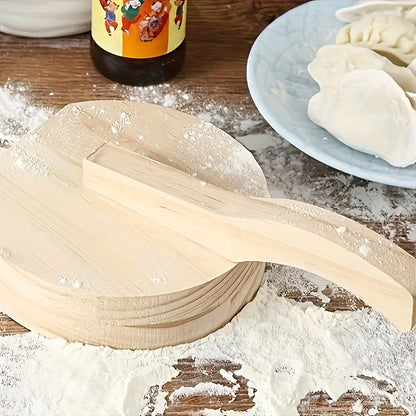 Multipurpose wooden dough press with non-stick roller for various foods like tortillas, dumplings, burgers, and pies. Durable kitchen tool with handle.