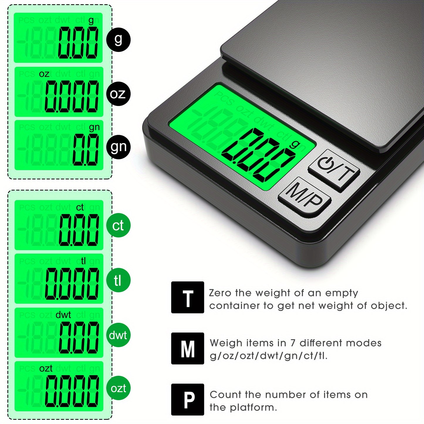 Mini digital pocket scale with backlit LCD screen, 100g capacity and 0.01g accuracy, ideal for food, jewelry, and kitchen use.