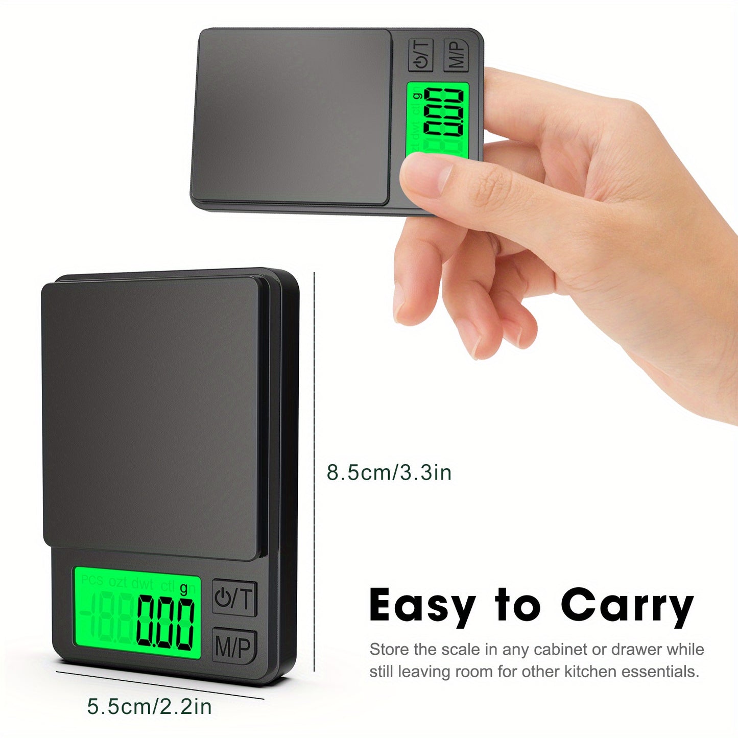 Mini digital pocket scale with backlit LCD screen, 100g capacity and 0.01g accuracy, ideal for food, jewelry, and kitchen use.