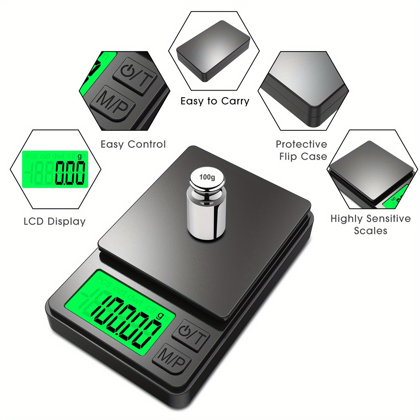 Mini digital pocket scale with backlit LCD screen, 100g capacity and 0.01g accuracy, ideal for food, jewelry, and kitchen use.