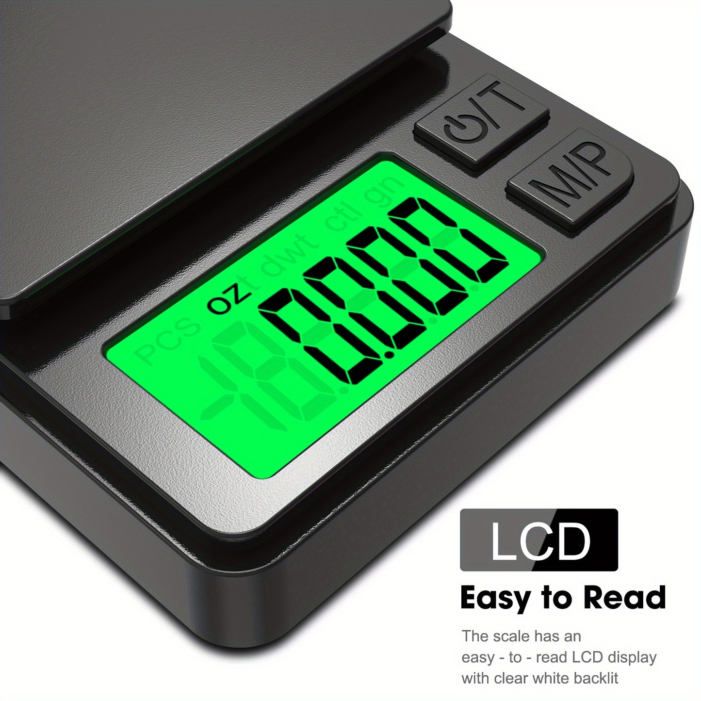 Mini digital pocket scale with backlit LCD screen, 100g capacity and 0.01g accuracy, ideal for food, jewelry, and kitchen use.