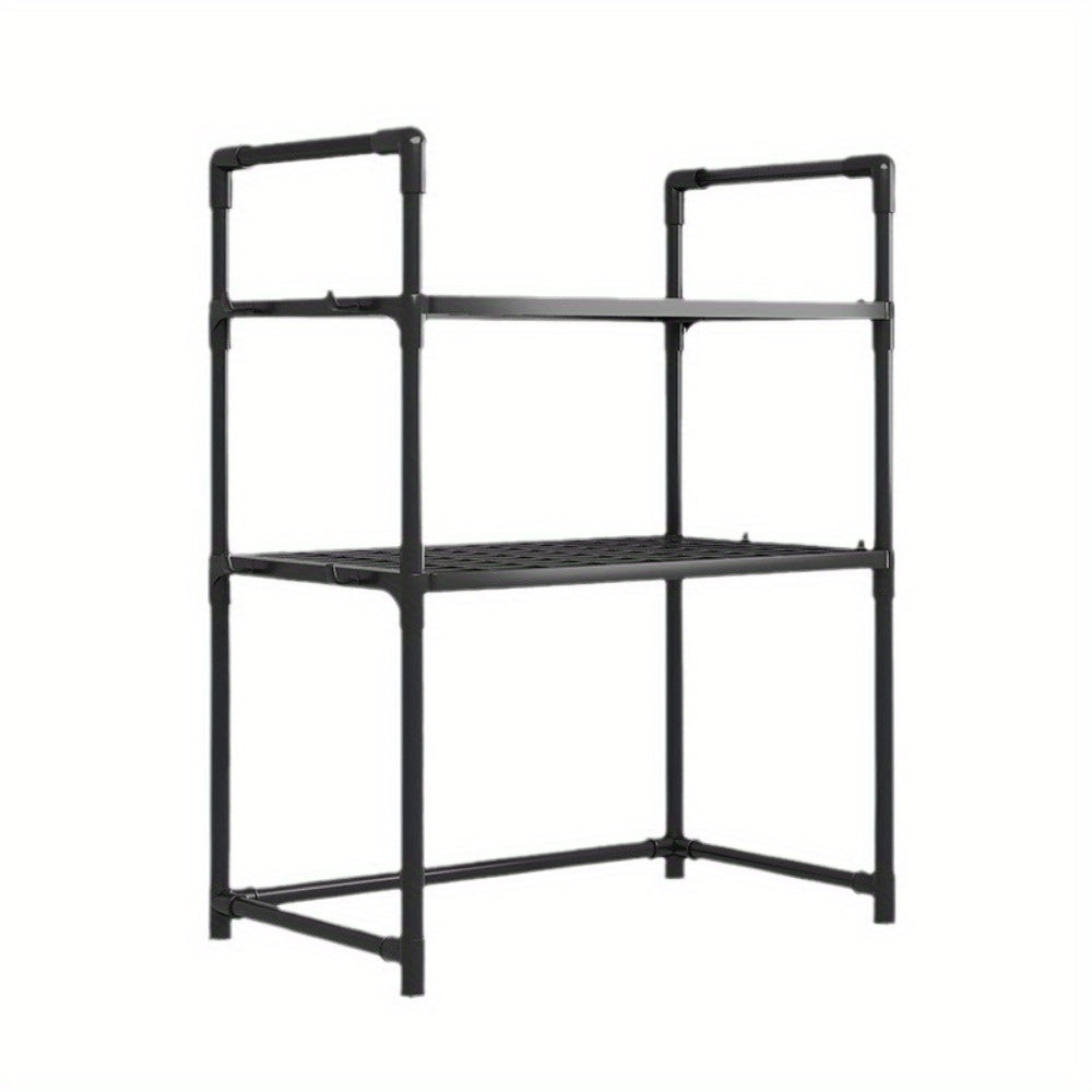 Durable metal kitchen microwave stand with two tiers - easily adjustable and expandable for microwave, oven, and other appliances - no wood, hassle-free cleaning.