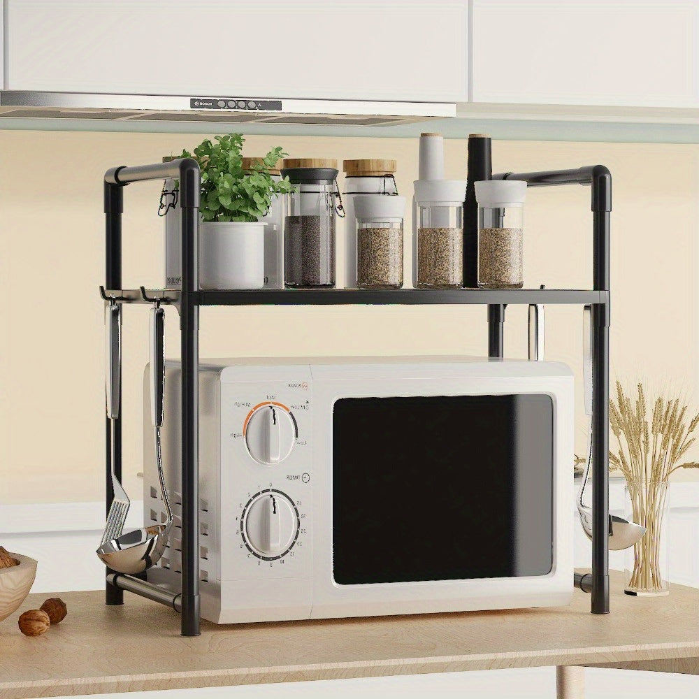 Durable metal kitchen microwave stand with two tiers - easily adjustable and expandable for microwave, oven, and other appliances - no wood, hassle-free cleaning.