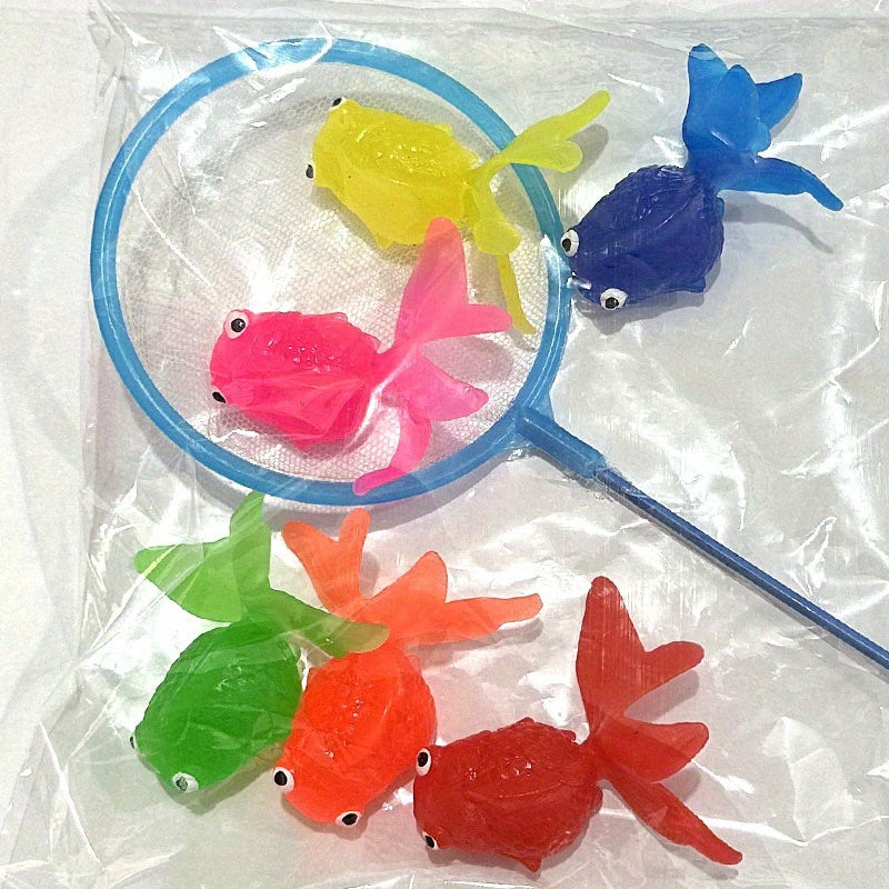 6 lifelike floating goldfish with fishing net, artificial aquarium decoration, plastic fish tank ornaments, no battery required.