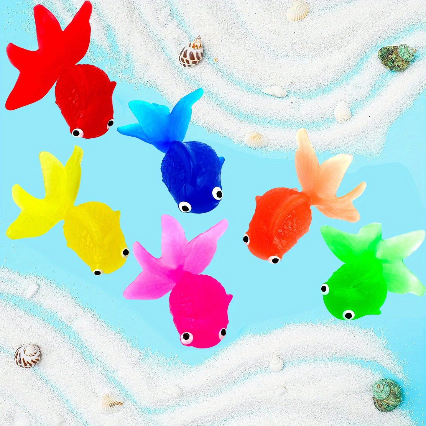 6 lifelike floating goldfish with fishing net, artificial aquarium decoration, plastic fish tank ornaments, no battery required.