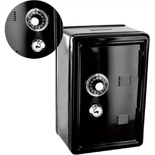 Black metal money safe with dual keys for secure coin and cash storage, key-lock mechanism for financial savings