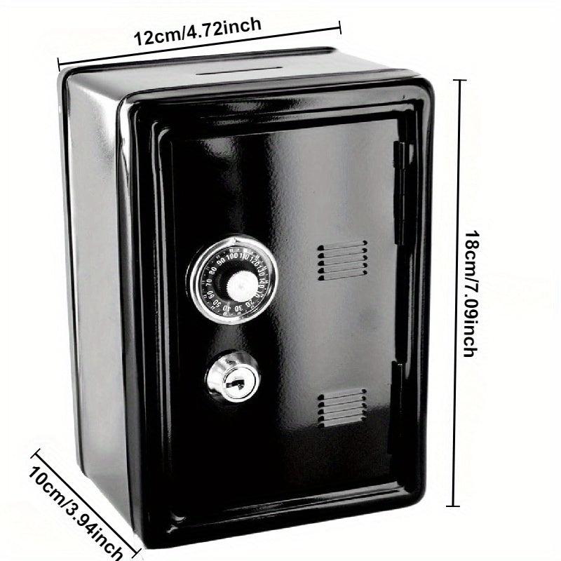 Black metal money safe with dual keys for secure coin and cash storage, key-lock mechanism for financial savings