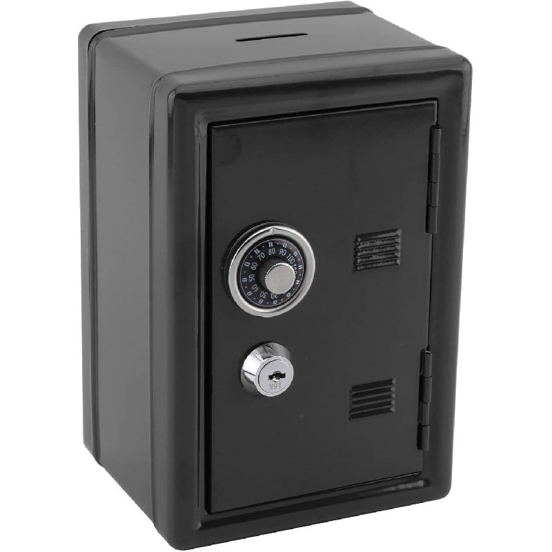 Black metal money safe with dual keys for secure coin and cash storage, key-lock mechanism for financial savings