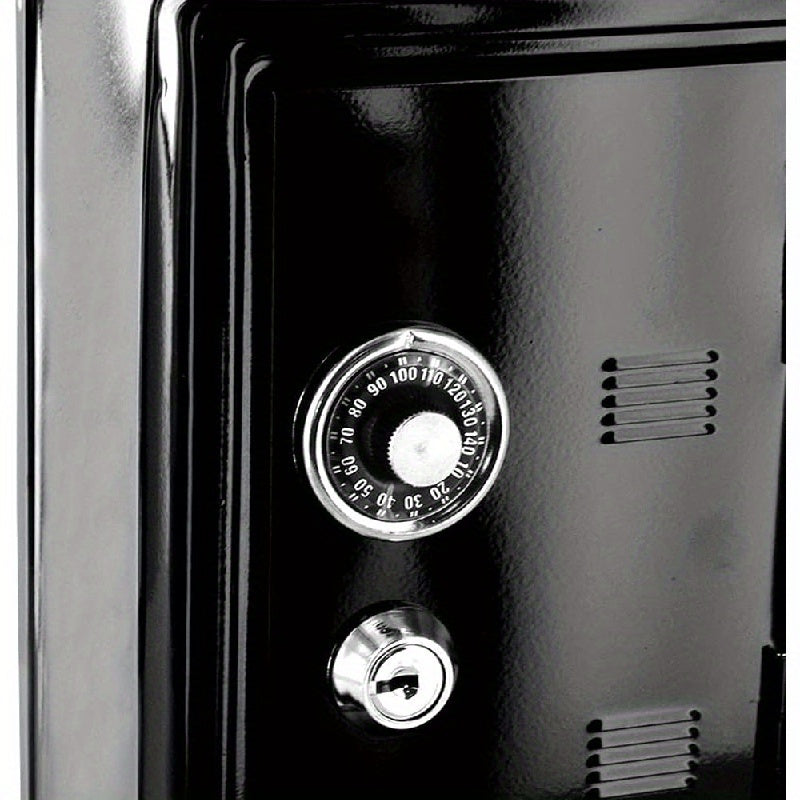 Black metal money safe with dual keys for secure coin and cash storage, key-lock mechanism for financial savings