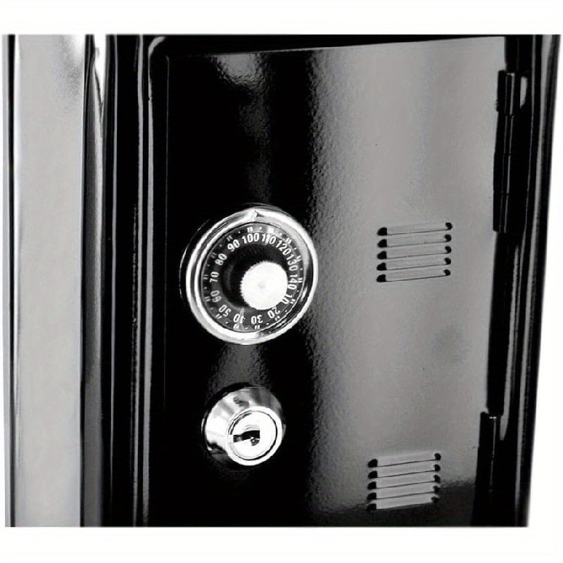 Black metal money safe with dual keys for secure coin and cash storage, key-lock mechanism for financial savings