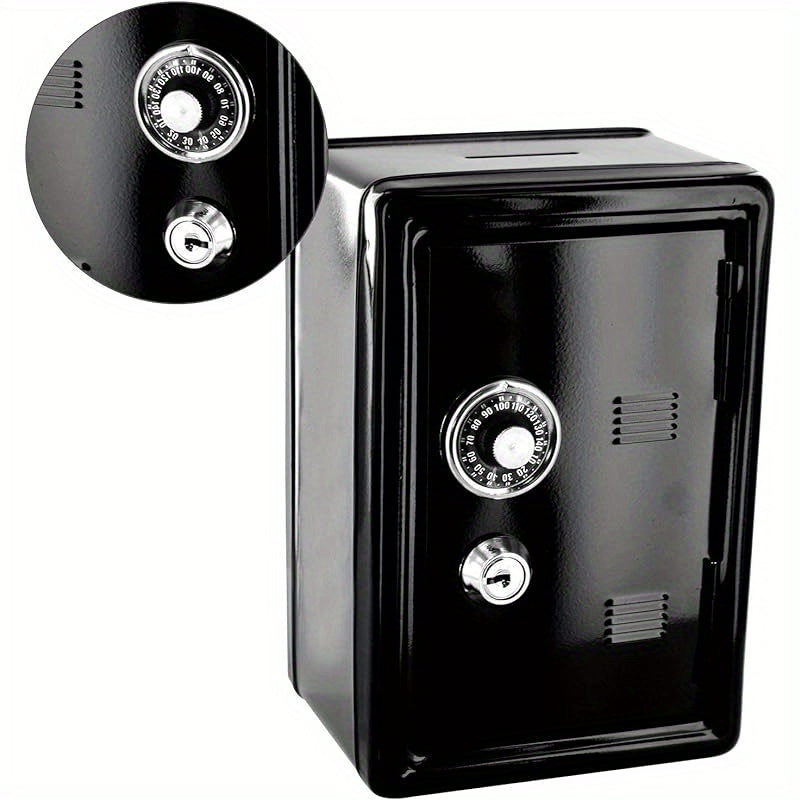 Black metal money safe with dual keys for secure coin and cash storage, key-lock mechanism for financial savings