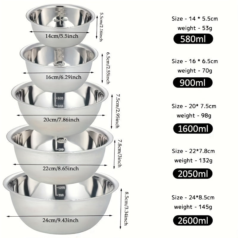 5pcs Stainless Steel Mixing Bowls with Scale - Great for Cooking, Baking, and Prepping. Can be used as cooking, washing, fruit, and noodle bowls.