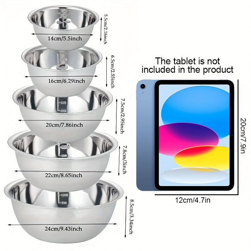 5pcs Stainless Steel Mixing Bowls with Scale - Great for Cooking, Baking, and Prepping. Can be used as cooking, washing, fruit, and noodle bowls.