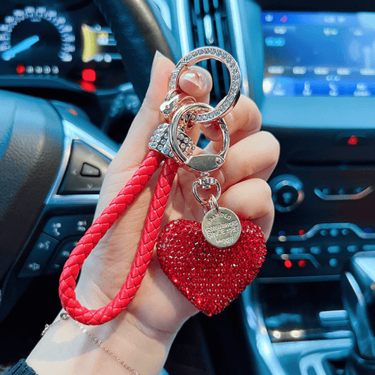 Elegant Accessories: 1 Braided Leather Rope Car Keychain Featuring Sparkling Rhinestone Heart Pendant, Durable Keyring for Women in Assorted Colors