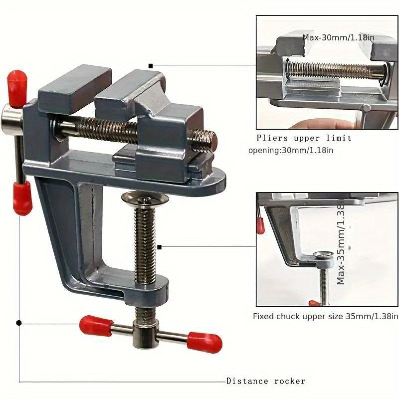 Mini aluminum bench vise with adjustable table clamp for DIY projects.