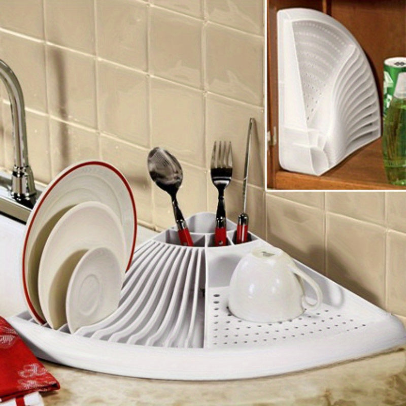 Durable Plastic Dish Drying Rack for Corner Sink, Compact Kitchen Organizer with Open Storage, No Electricity Needed, Countertop Utensil Drainer - Non-Wood