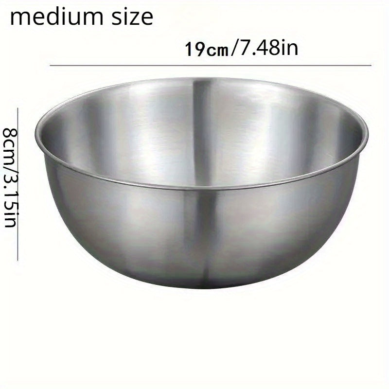 3-piece stainless steel bowl set ideal for salads, noodles, soups, cooking, baking, and food storage. Great for ramen, wonton noodles, and spaghetti.