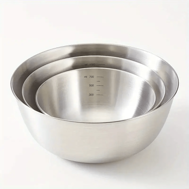 3-piece stainless steel bowl set ideal for salads, noodles, soups, cooking, baking, and food storage. Great for ramen, wonton noodles, and spaghetti.