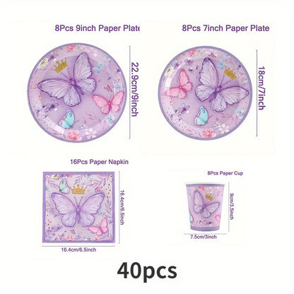 Набор одноразовой посуды из 40 предметов с бабочками для вечеринок и собраний. Идеально подходит для дней рождения, пикников и тематических украшений.