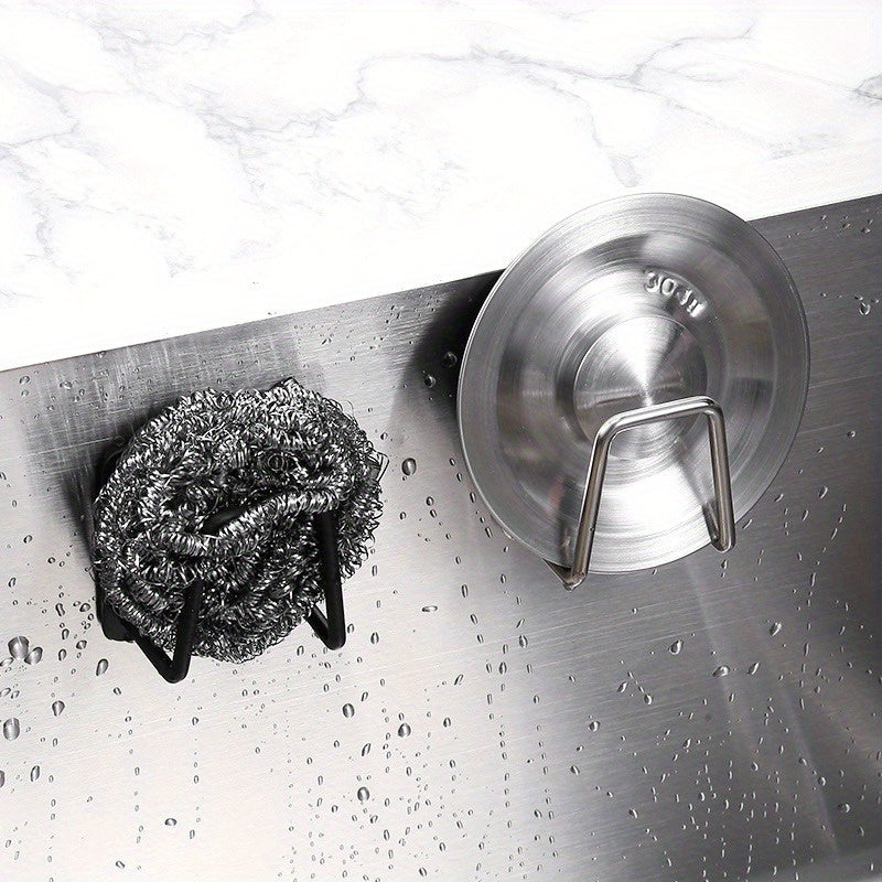 Wall-mounted Stainless Steel Sponge Shelf for Kitchen, 2 Pieces Set. Features Non-perforated design for Sink Drain Storage of Steel Wool Balls and Rags.