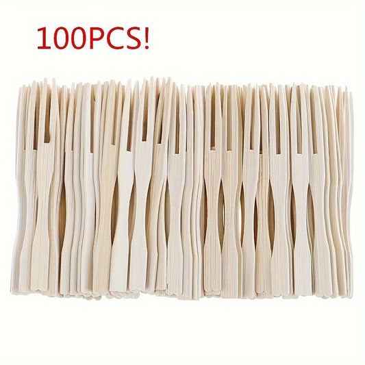 Set of 100 Premium Bamboo Forks - Great for Serving Cake, Snacks & Fruit Skewers - Versatile for Home, Kitchen, Restaurant, Picnic, Camping & Parties