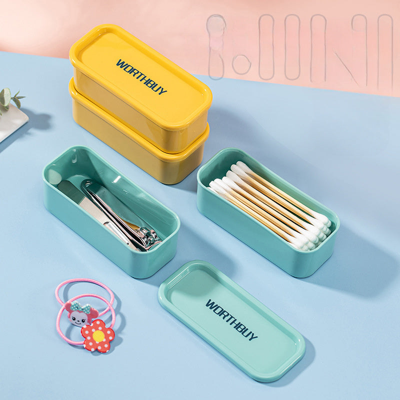 Compact organizer box for toothpicks, floss, and small items, in teal and yellow design with clear lid, suitable for home and office organization.