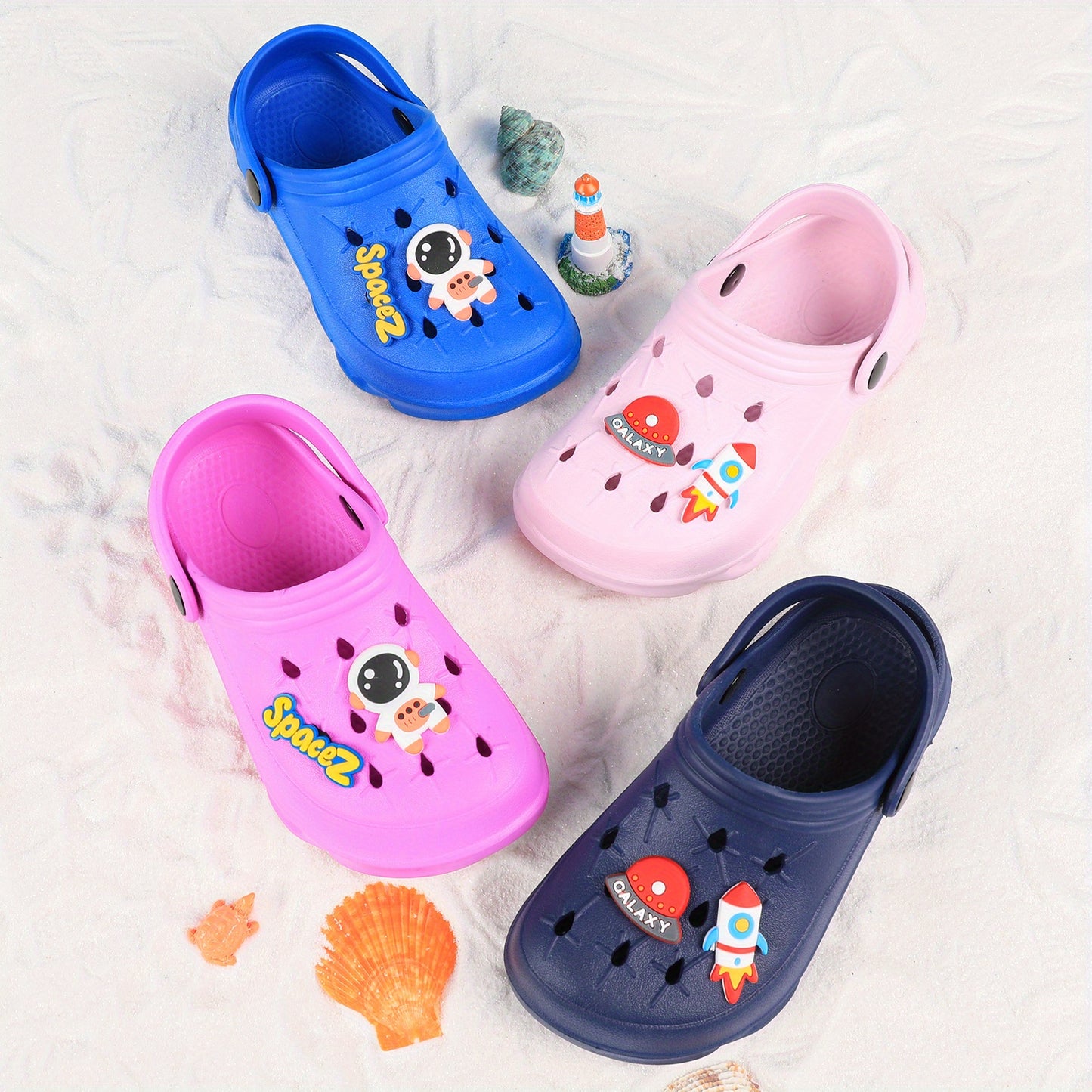 Stylish closed-toe slip-on sandals with cartoon charms for kids, breathable and non-slip for indoor and outdoor use.