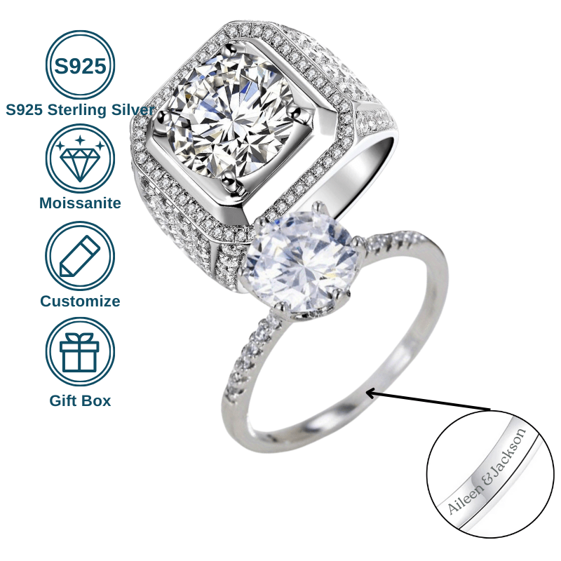 Customize your own Moissanite Engagement Ring with personalized name and love lettering. This 3/5CT ring is made of S925 Sterling Silver and is ideal for couples. Choose between a Square or Classic Round Cut design.