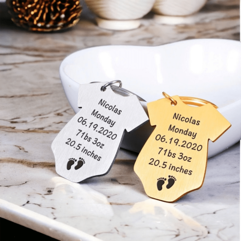 Customized Stainless Steel Keychain featuring Name, Weight, Height, and Date of Birth for Birth Announcement - Unique Personalized Memento