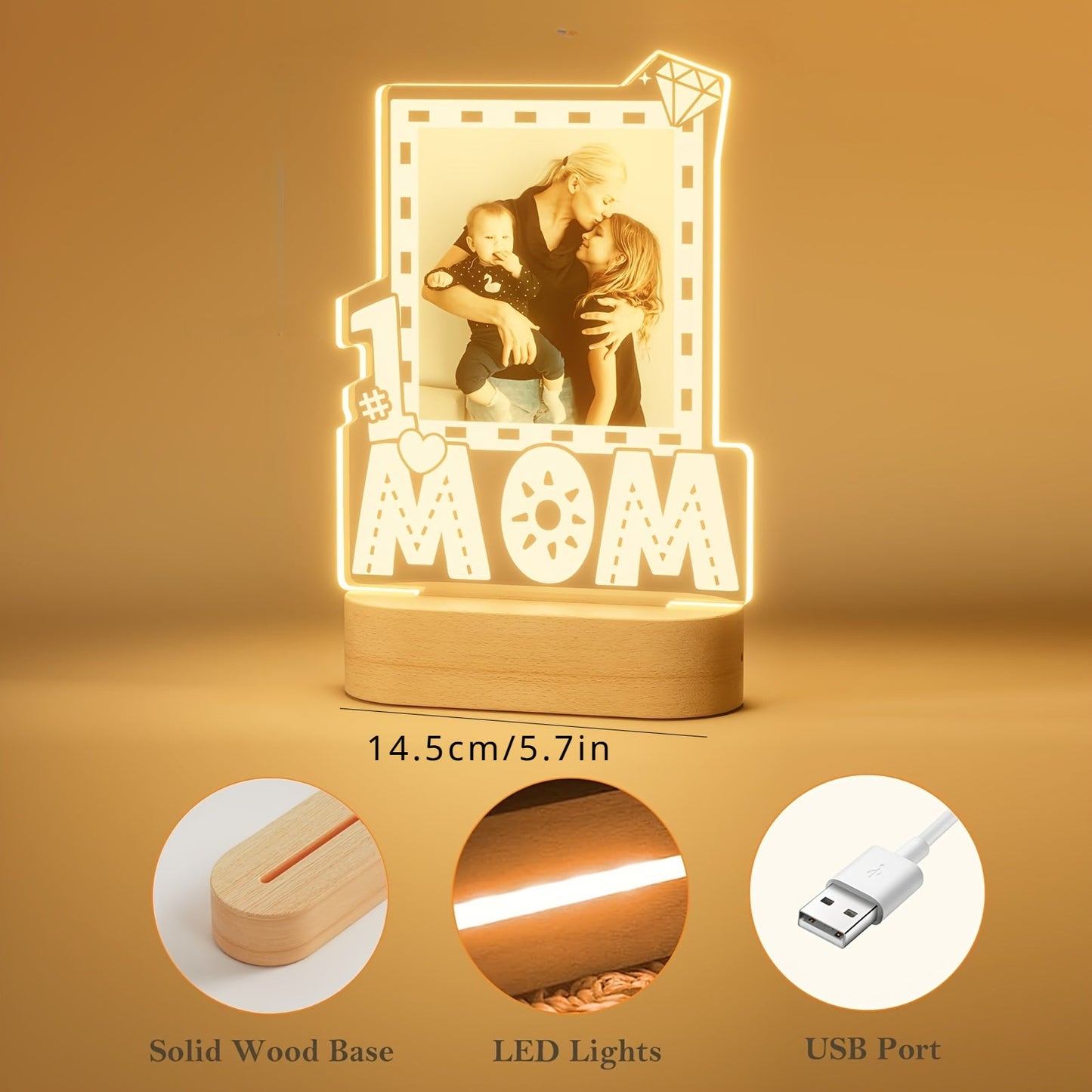 Personalized Photo Frame Light Source for Mom - Customized Number One Mom Gift for Mother's Day and Birthday from Daughter, Acrylic Mom Keepsake