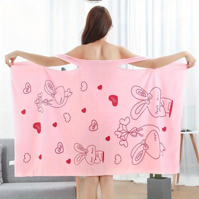 Cartoon rabbit love bath towel for women, with chest sling for easy wear. Made of fade-resistant, absorbent polyester. Soft, quick-dry, and contemporary style.