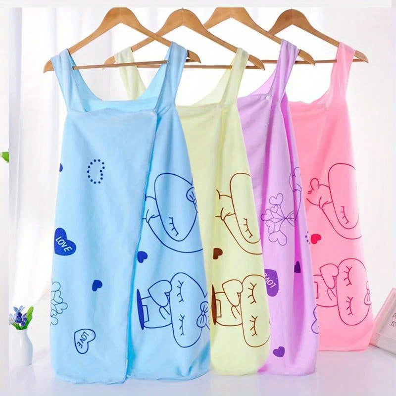 Cartoon rabbit love bath towel for women, with chest sling for easy wear. Made of fade-resistant, absorbent polyester. Soft, quick-dry, and contemporary style.