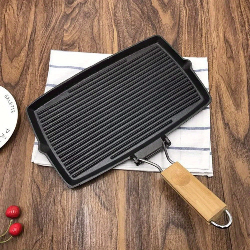 One-piece Cast Iron Rectangular Grill Pan with Thick Non-Stick Coating, Wooden Handle, Perfect for Striped Steaks, BBQs, Picnics, Hand Wash Recommended.