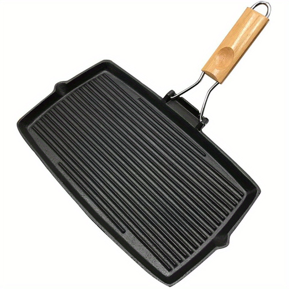 One-piece Cast Iron Rectangular Grill Pan with Thick Non-Stick Coating, Wooden Handle, Perfect for Striped Steaks, BBQs, Picnics, Hand Wash Recommended.