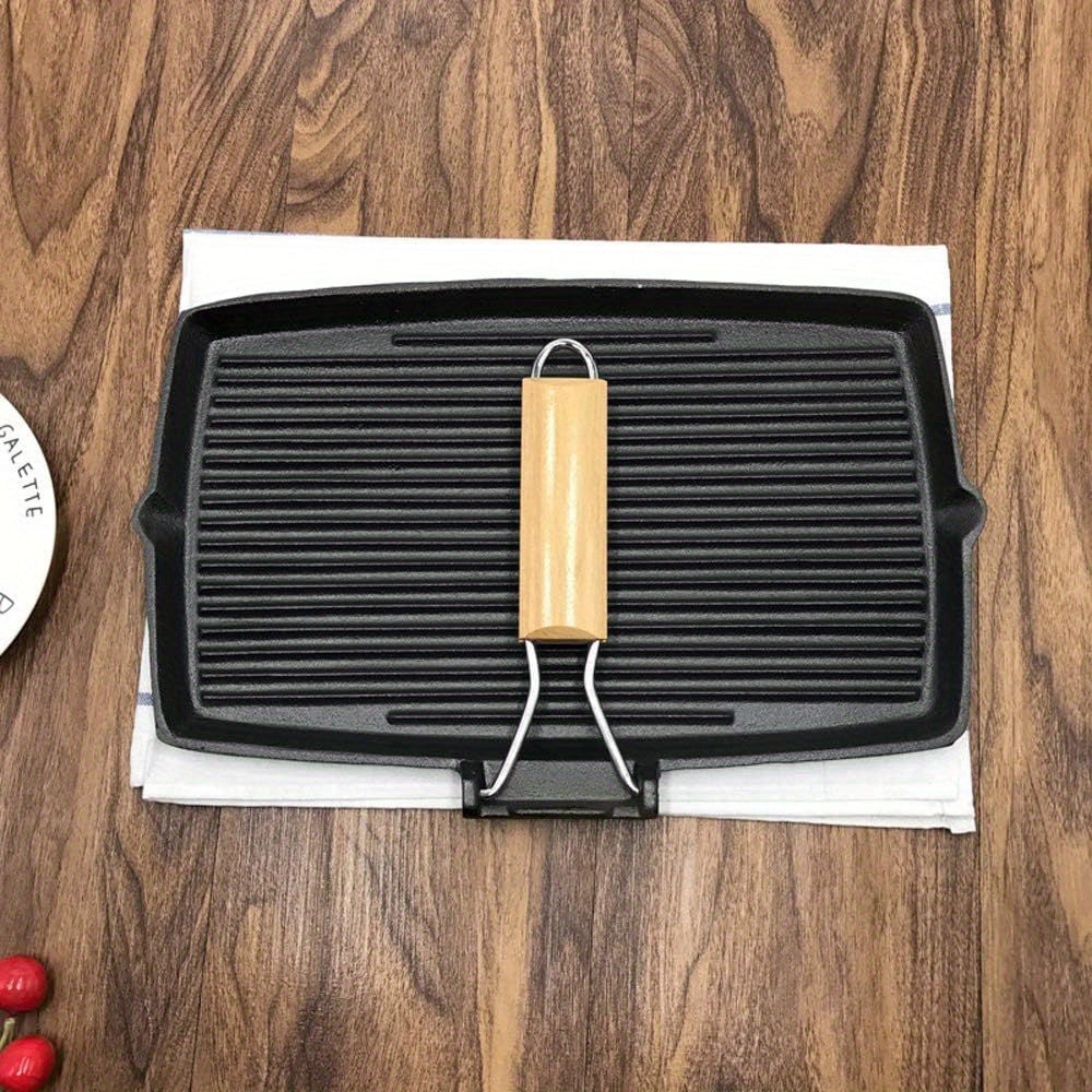 One-piece Cast Iron Rectangular Grill Pan with Thick Non-Stick Coating, Wooden Handle, Perfect for Striped Steaks, BBQs, Picnics, Hand Wash Recommended.