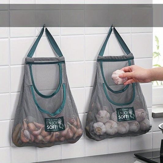 Classic Gray Mesh Kitchen Storage Bag with Green Handles - Organize Vegetables & Fruits in Style - Wall-Mounted Organizer for Ginger, Garlic & More - Stylish "ENJOY SOFT!" Label included