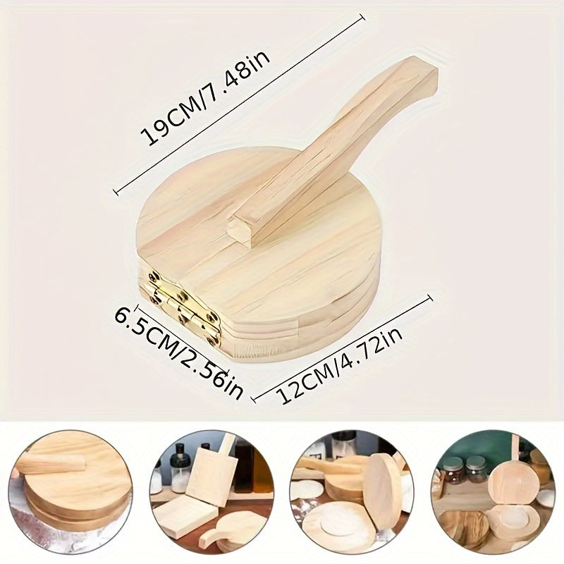 Solid wood dumpling wrapper press for home use, perfect for making dough buns. This auxiliary tool measures 19.0cm by 6.5cm.