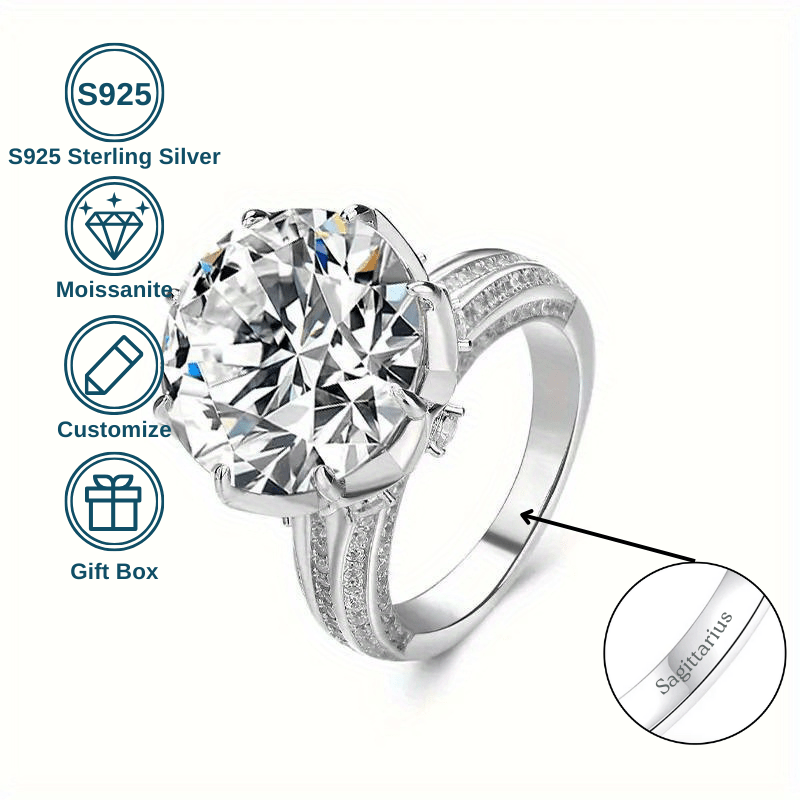 Customize your own 925 Sterling Silver Moissanite Engagement Ring with a 10CT Round Cut. Embrace the Y2K Hip Hop style with personalized lettering and an 8 prong setting. This ring is perfect for daily wear, music festivals, or as a unique Mardi Gras Day