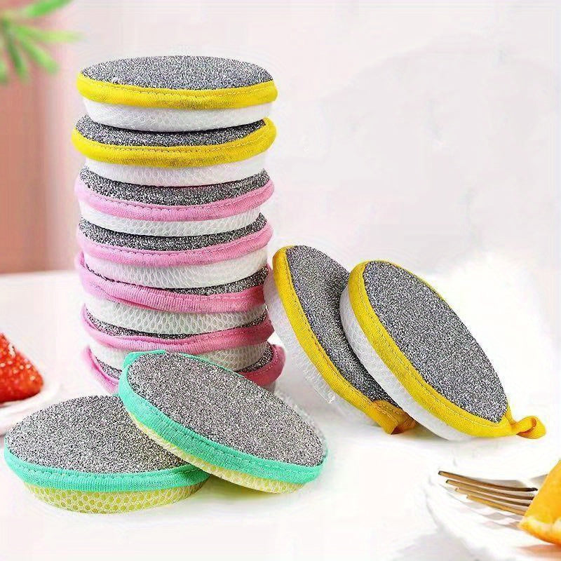 12 Modern round monogrammed microfiber dishwashing sponges for hand wash only. Double-sided, reusable kitchen cleaning tools with cartoon towel theme.