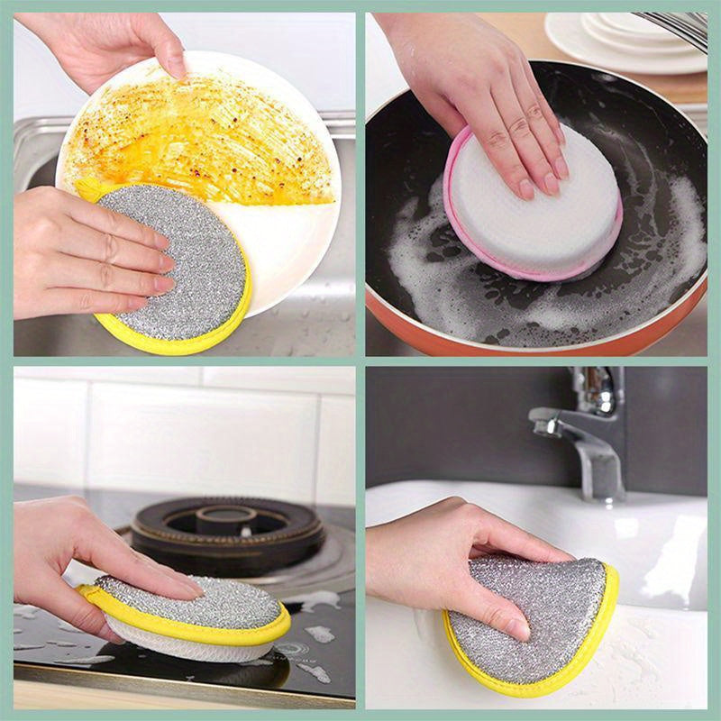 12 Modern round monogrammed microfiber dishwashing sponges for hand wash only. Double-sided, reusable kitchen cleaning tools with cartoon towel theme.