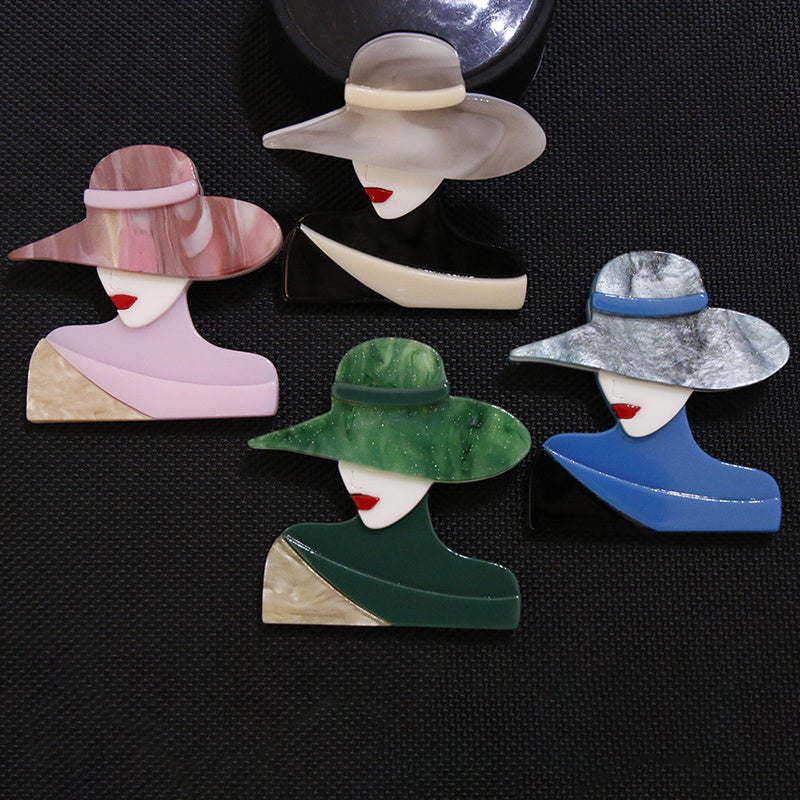 Stylish Acrylic Brooch Pins featuring a Minimalist Female Silhouette and Trendy Hat - Elegant Fashion Accessory for Clothing