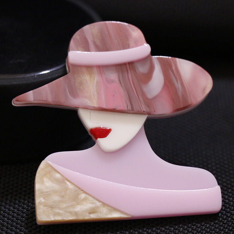 Stylish Acrylic Brooch Pins featuring a Minimalist Female Silhouette and Trendy Hat - Elegant Fashion Accessory for Clothing