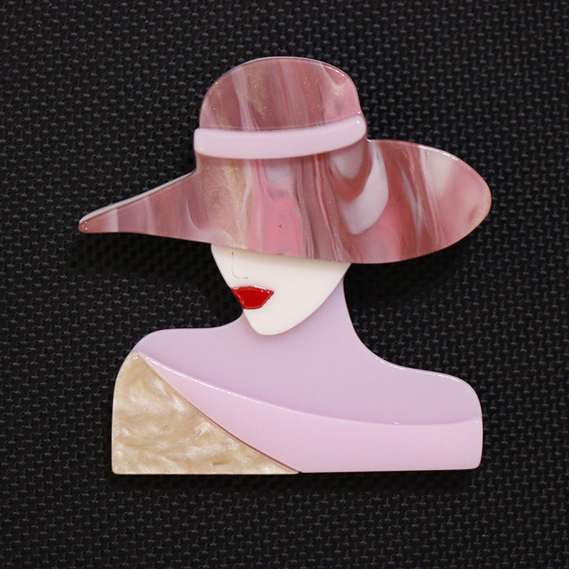 Stylish Acrylic Brooch Pins featuring a Minimalist Female Silhouette and Trendy Hat - Elegant Fashion Accessory for Clothing