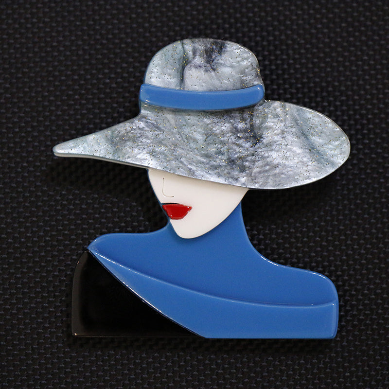 Stylish Acrylic Brooch Pins featuring a Minimalist Female Silhouette and Trendy Hat - Elegant Fashion Accessory for Clothing