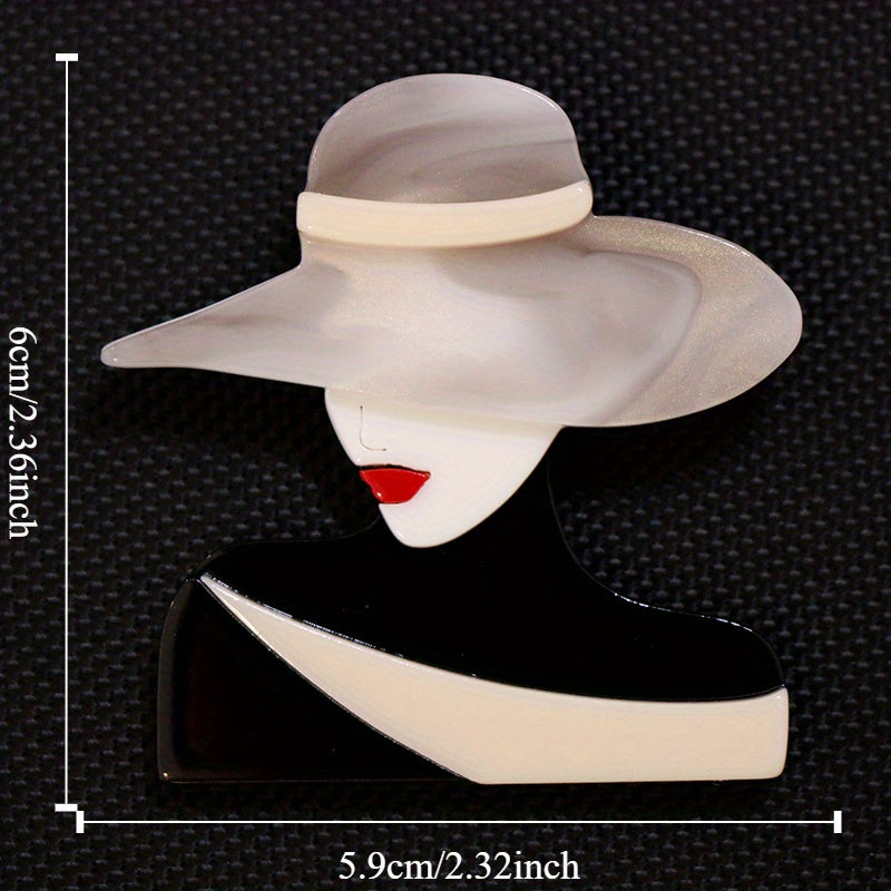 Stylish Acrylic Brooch Pins featuring a Minimalist Female Silhouette and Trendy Hat - Elegant Fashion Accessory for Clothing