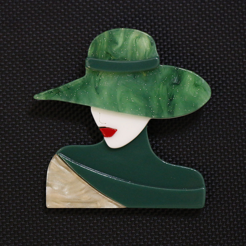 Stylish Acrylic Brooch Pins featuring a Minimalist Female Silhouette and Trendy Hat - Elegant Fashion Accessory for Clothing