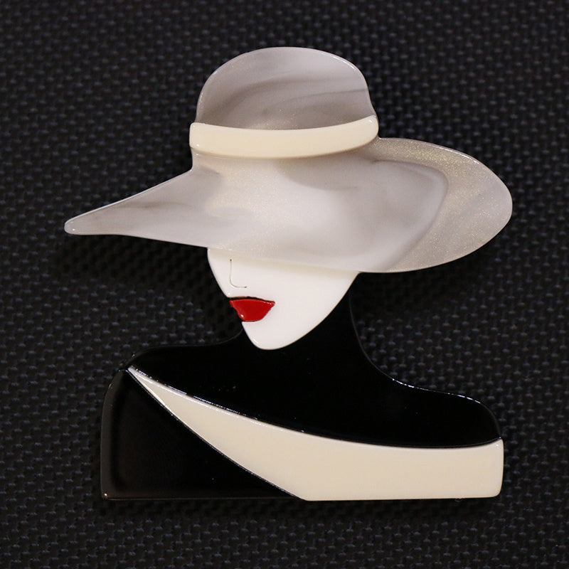 Stylish Acrylic Brooch Pins featuring a Minimalist Female Silhouette and Trendy Hat - Elegant Fashion Accessory for Clothing