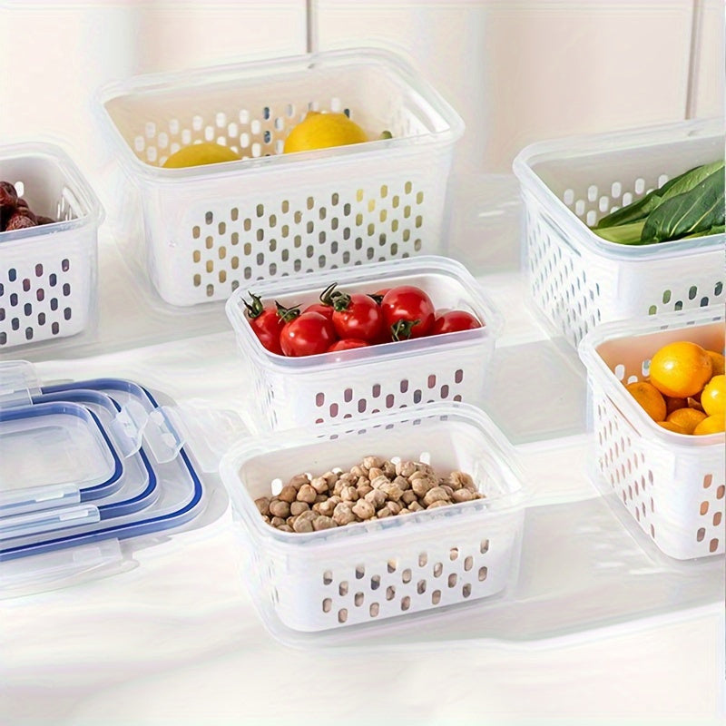 Premium Leak-Proof Food Storage Containers 4-Pack. BPA-Free with 2-Layer Airtight Design. Reusable and Stackable Kitchen Organizers, Ideal for Storing Fruits, Vegetables, Meat, and Grains in the Refrigerator. Made of Durable Plastic.