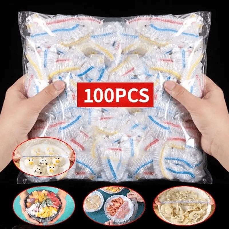 100 stretchable food covers made of durable PE plastic. These bowl lids are waterproof and odorless, ideal for covering bowls, plates, and leftovers, making them a perfect kitchen storage solution.