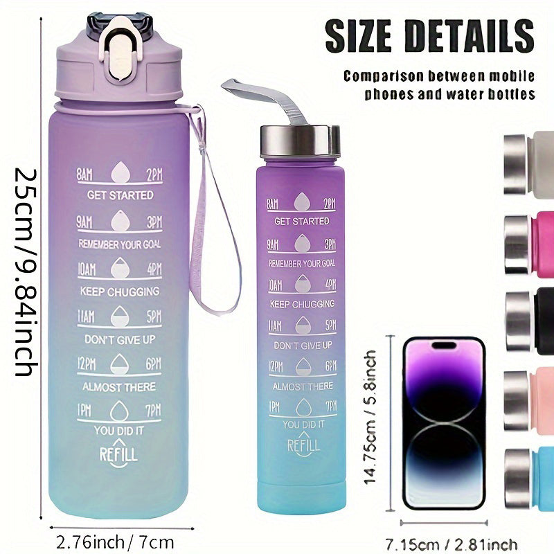 BPA-free sports water bottle with time marker, straw, leakproof design, inspirational quotes, suitable for various activities.